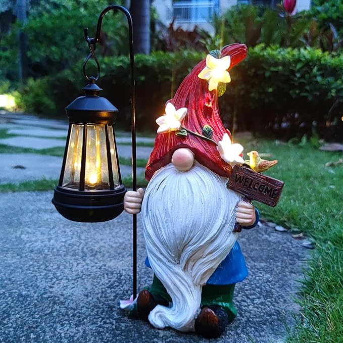 Solar Garden Gnomes Statue with Succulent and 4 LED Lights - Solar Lantern Gnomes Decorations for Yard Outdoor gnome Decorations for Garden, Patio Gnome Gifts for Mom