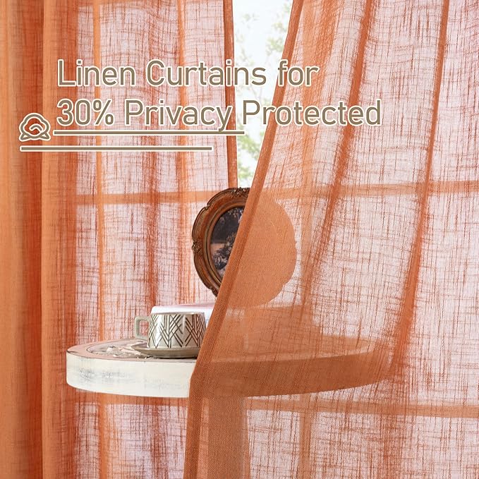 LAMIT Burnt Orange Linen Curtains for Living Room, 90 Inches Long Light Filtering Semi Sheer Panels Neutral Boho Farmhouse Drapes with Bronze Grommet for Living Room, 2 Panels, 52 x 90 Inch