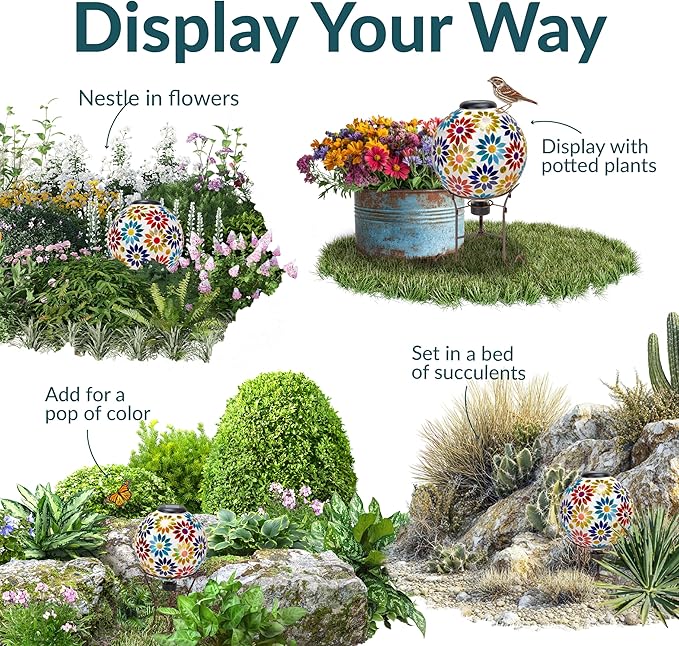 Sunnydaze 10 inch Solar Gazing Ball for Garden - Glass Outdoor Gazing Globe - Midsummer Dahlias