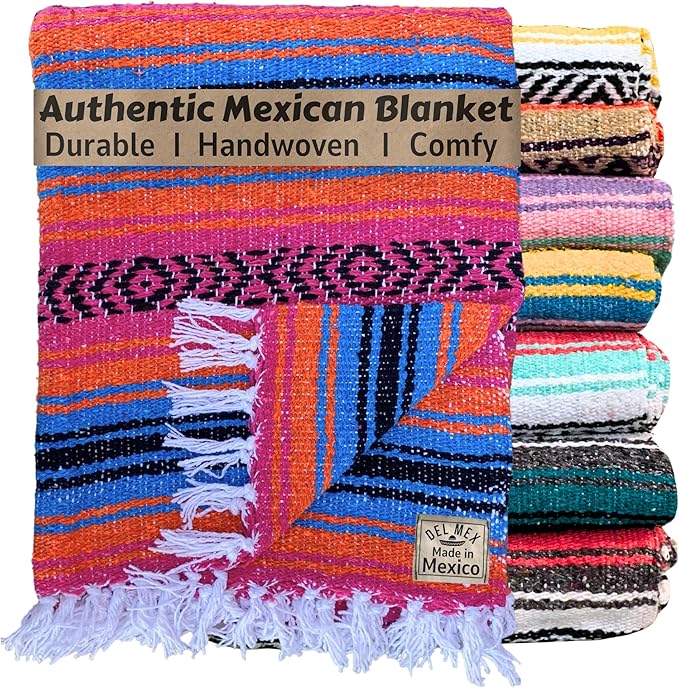Del Mex Classic Mexican Blanket, Large Authentic Woven Falsa Throw (70"x50"), Artisan Southwest Décor for Beach, Yoga, Outdoors (Turquoise/Pink/Orange)