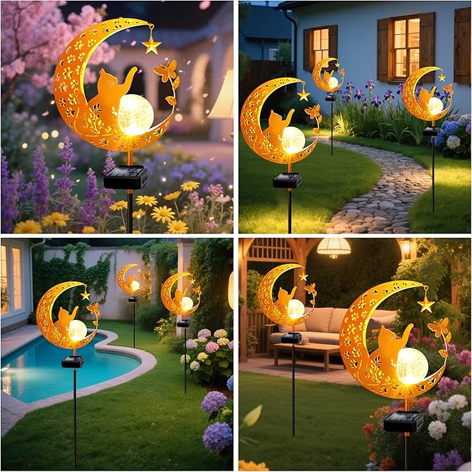 YJFWAL Garden Solar Cat Lights Pathway Stake Lights Glass Globe with Moon Cat Decor, Gifts for Mom Grandma Friends, Outdoor Decor Light Waterproof for Walkway, Yard, Patio or Garden (Warm White)