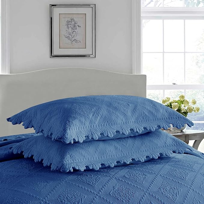 MarCielo 3-Piece 100% Cotton Oversized Bedspread Lightweight Quilt Coverlet Embroidery Farmhouse Bedding Set (Tk Midtone Blue, Oversized Queen (100"x106"))
