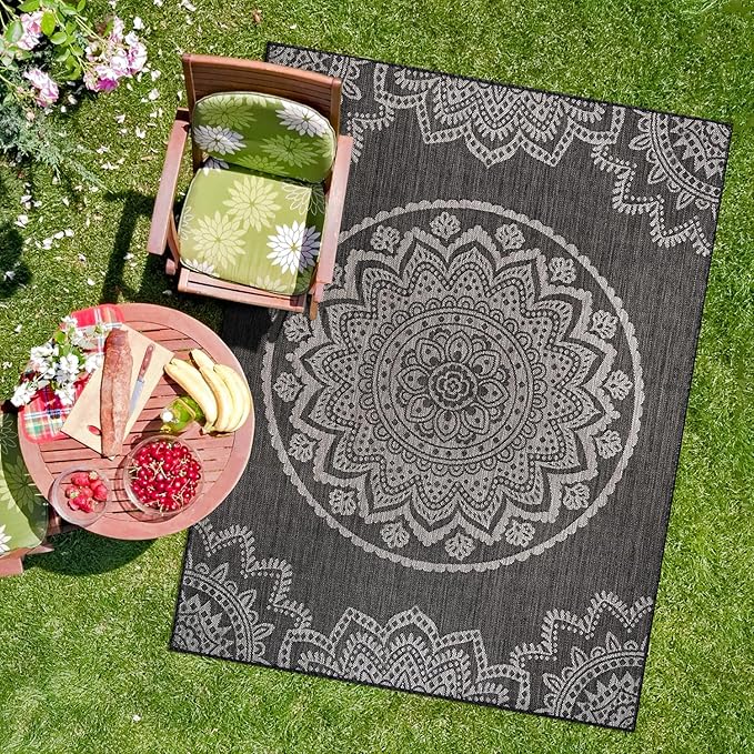 CAMILSON Outdoor Rug 5x7 Modern Area Rugs for Indoor and Outdoor Patios and Porches - Waterproof Washable Non-Shedding Easy-to-Clean Outside Carpet (5 x 7, Medallion - Dark Grey/Light Grey)