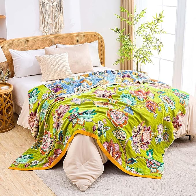 Fall Throw Blanket, 100% Cotton Soft Rustic Boho Throw Blanket for Bed, 50"x60" Farmhouse Decor Bed Flower Blankets, Light Weight Reversible Bohemian Throw Quilt