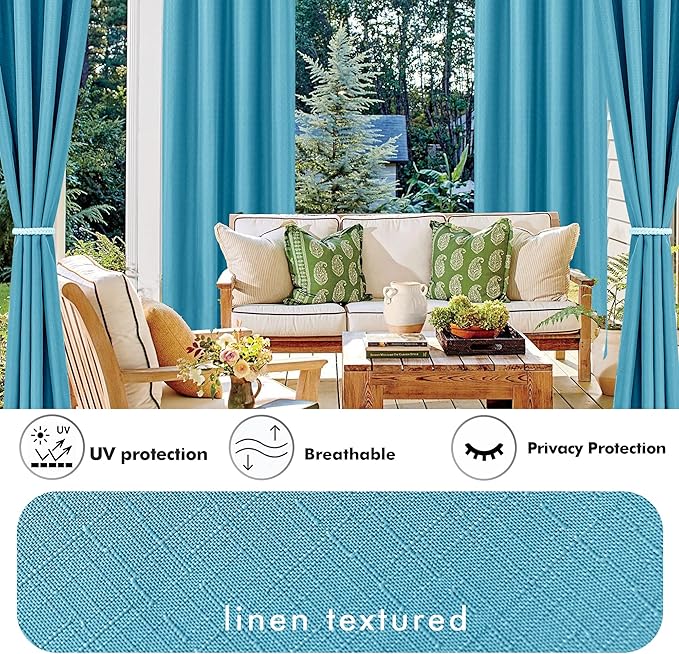 HolidayIdeas 4 Panels Faux Linen Outdoor Curtains for Patio Waterproof Teal Curtains 110" Wide x 84" Long-Outside Wide Curtains Weatherproof Privacy Textured for Pergola, Porch, Gazebo, Backyard