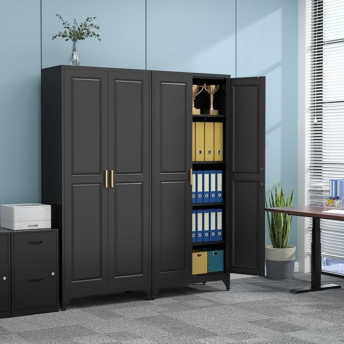 75" Kitchen Pantry Cabinet, Black Metal Storage Cabinets with 2 Doors and 4 Adjustable Shelves, Tall Pantry Storage Cabinet for Kitchen, Dining Room, Living Room