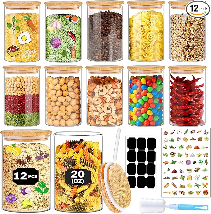 Glass Jars with Bamboo Lids 20 oz, 12 Pcs Stackable Kitchen Glass Pantry Storage Containers with Airtight Bamboo Lids for Rice, Candy, Sugar, Flour, Nuts, Cookie, Bean