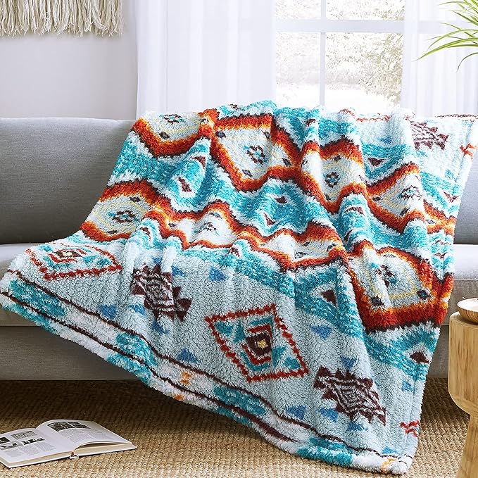 CASAAGUSTO Boho Sherpa Throw Blanket, Aztec Throw, Ultra Soft, Warm, Cozy, Plush, Thick Fleece Bohemian Throw Blanket for Couch, Bed, Sofa (Aqua 50 * 60 Inch)