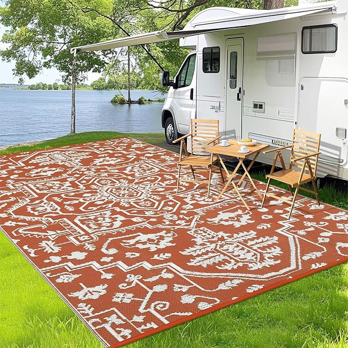 Outdoor Rug 9x12 Waterproof Reversible Plastic Straw Patio Rug, Stain-Resistant Vintage Medallion Carpet, Large Easy-Cleaning Indoor Outdoor RV Mat for Deck, Camping, Balcony, Terracotta Brick/White