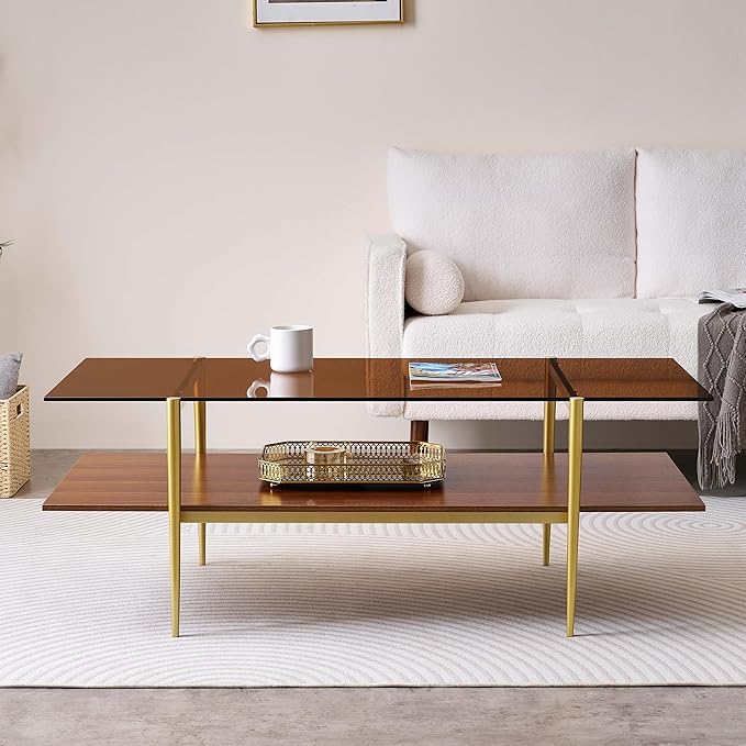 Extra Large Rectangle Glass Coffee Table, Mid-Century Modern Design for Living Room, L47 x W24 x H17, Amber Glass Top and Walnut MDF Shelf, Sleek Conical Metal Legs with Gold Finish
