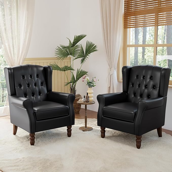 High Back Accent Chairs Set of 2,Upholstered Faux Leather Wingback Armchairs with Solid Wood Legs for Small Spaces,Comfy Single Sofa Chairs for Living Room,Bedroom-Carbon Black