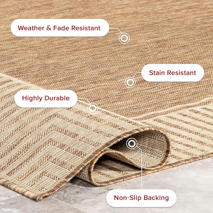 nuLOOM 4' x 6' Outdoor Area Rug, Casual Design With Striped Border, Stain Resistant, Highly Durable, For Patio, Balcony, Bedroom, Living Room, Dining Room, Bathroom, Light Brown