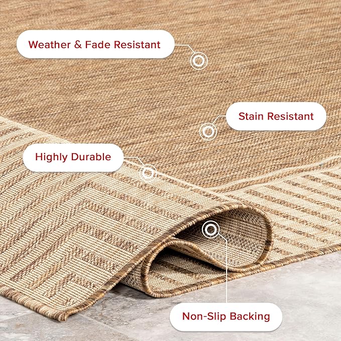 nuLOOM 8' x 10' Outdoor Area Rug, Casual Design With Striped Border, Stain Resistant, Highly Durable, For Patio, Balcony, Bedroom, Living Room, Dining Room, Bathroom, Light Brown