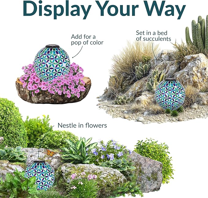 Sunnydaze 10 inch Solar Gazing Ball for Garden - Glass Outdoor Gazing Globe - Mosaic Cool Blooms