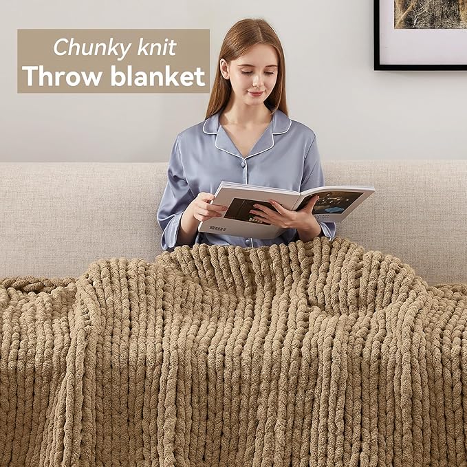 Chunky Knit Throw Blanket, 60''*80'' Knitted Throw Chenille Yarn for Bed Couch, Handmade Light Brown Crochet Big Thick Blanket, Machine Washable Cute Comfy Blanket for Home Decor