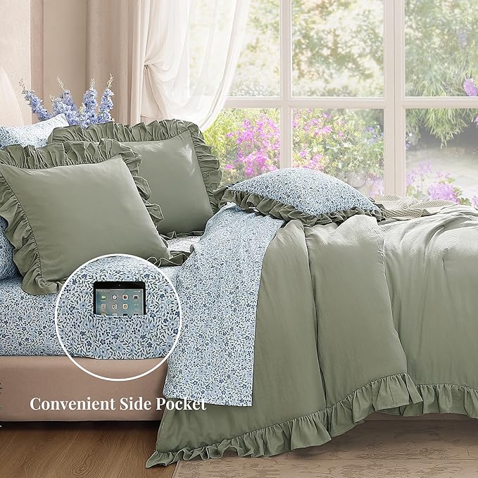 Full Comforter Set - 7 Pieces Ruffle Sage Green Bedding Sets, Shabby Chic Farmhouse Bed in a Bag Full with Ruffle Comforter, Floral Sheets, Pillowcases & Shams
