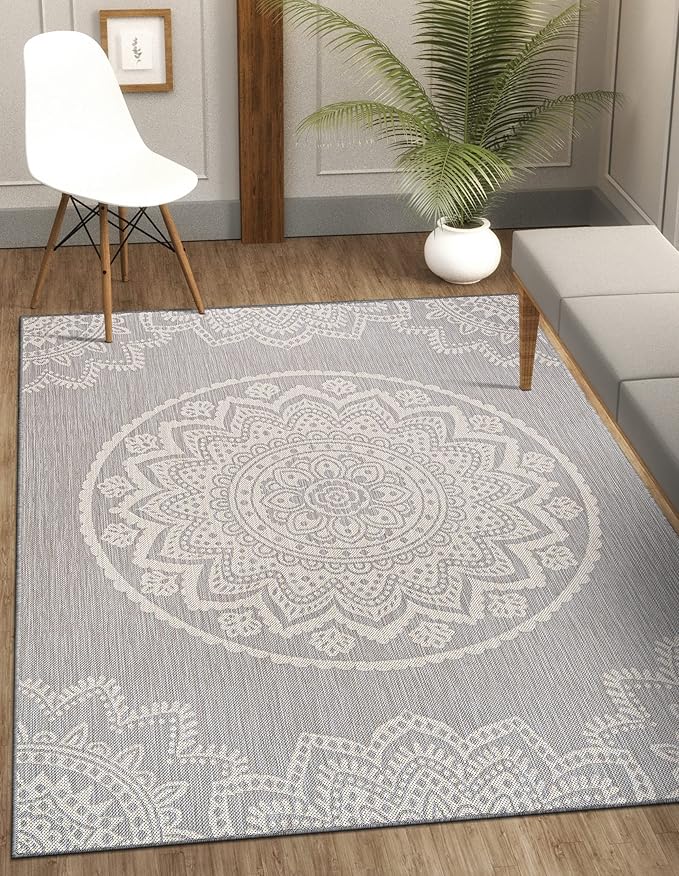 CAMILSON Outdoor Rug 6x9 Modern Area Rugs for Indoor and Outdoor Patios and Porches - Waterproof, Washable, Non-Shedding, Easy-to-Clean Outside Carpet (6 x 9, Medallion - Grey/White)