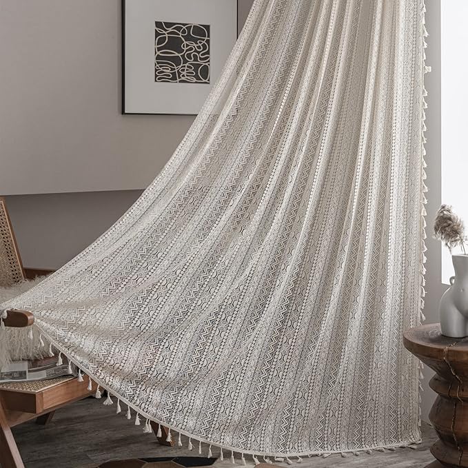 Sutuo Home Crochet Boho Curtain 96 Inches Length, Sheer Lace Handmade Tassels Knitted Window Treatment Vintage Rustic Bohemian Farmhouse Drape for Bedroom Rod Pocket 1 Panel 59" W x 96" L, Beige Wave