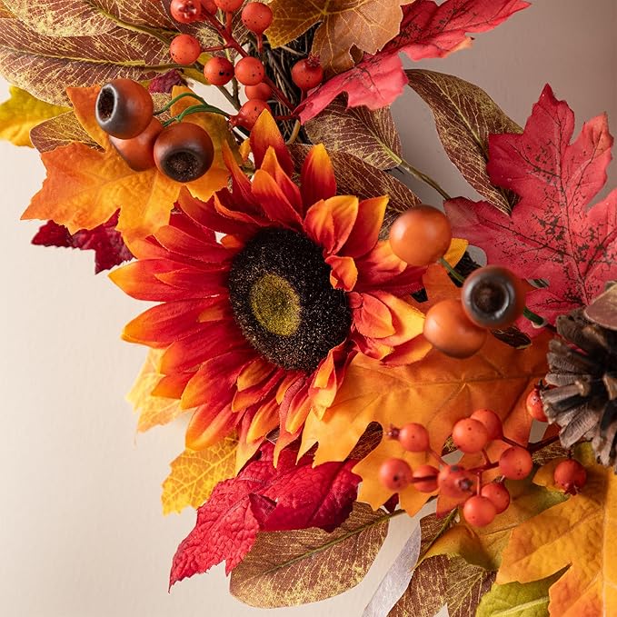 Glitzhome 24''D Fall Wreath with Hanger, Artificial Autumn Wreath for Front Door with Sunflower, Pinecone and Berry, Harvest Wreaths Decor for Indoor Outdoor Holiday Decoration