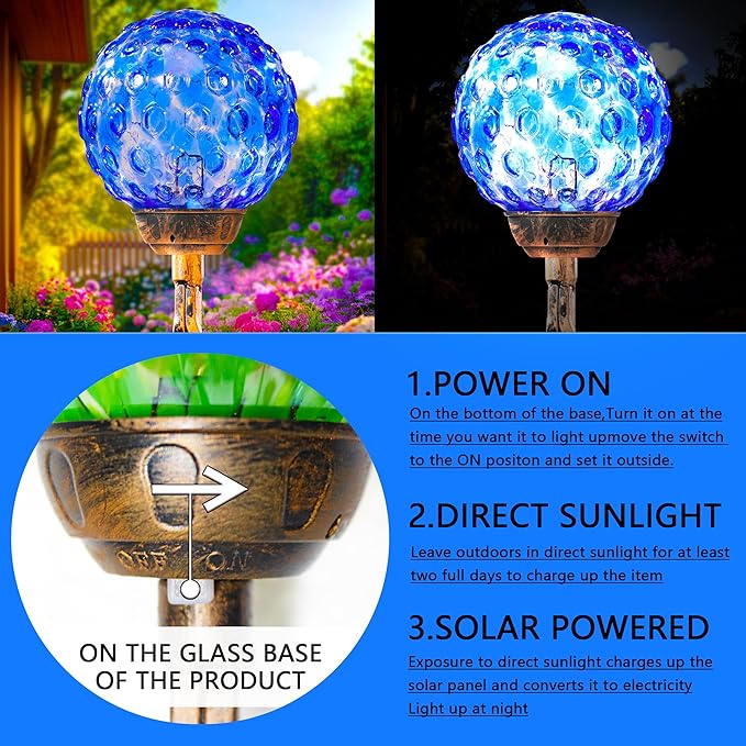 Garden Solar Lights, Decorative LED Honeycomb Glass Ball Garden Stake, Glass and Metal Outdoor Decoration, 4 x 31 Inch (Dark Blue)