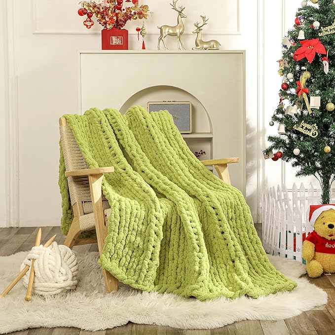 WESHIONGOO Chunky Knit Blanket Throw 50"×60" Knitted Throw Blankets for Couch Bed Fluffy Soft Blanket with Jumbo Chenille Yarn Thick 100% Handmade (Lime Green)