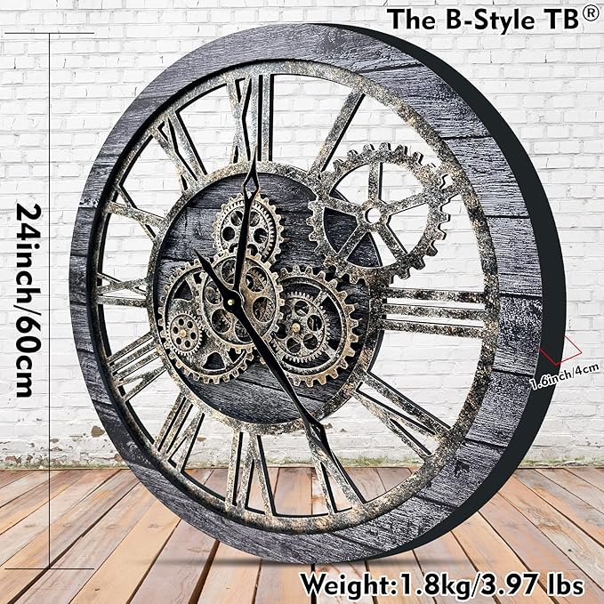 The B-Style Large Wall Clock 24 inch Moving Gear Wall Clock Oversized Vintage Farmhouse Wall Clocks for Living Room Decor Decorative Rustic Industrial Wood Clock (Carbon Gray)