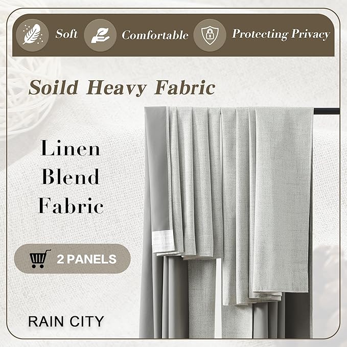 RAIN CITY Natural Blackout Curtains 96 Inch Long 2 Panels Set,Back Tab/Rod Pocket/Pleated Look with Hooks,Linen Blend Textured Rustic Farmhouse Heat Insulated Summer Drapes for Living Room 50W x 96L