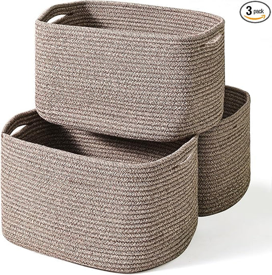 Storage Baskets for Organizing Shelves, Woven Cotton Rope Bins for Baby Nursery Organization, Book Toy Towel Organizer, 15"x11"x9.5", 3 Packs, Dark Brown