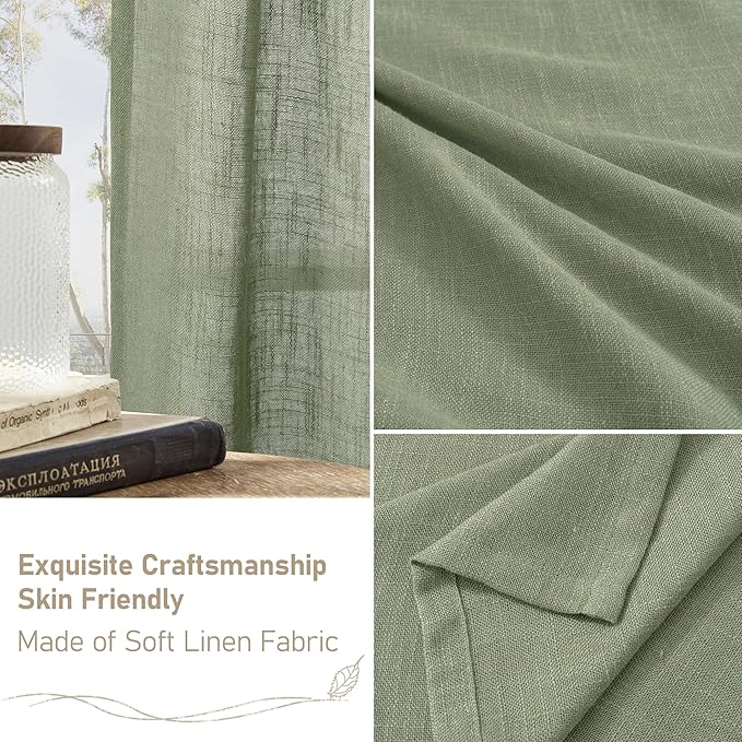 LAMIT Sage Green Linen Curtains 84 inch Length, Semi Sheer Light Filtering Living Room Decor Panels Bronze Grommet Neutral Boho Drapes for Bedroom, 2 Panels Set, 34 x 84 Inch