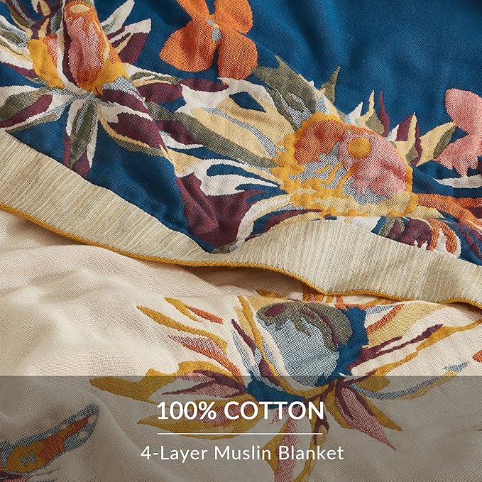 Boho Throw Blanket for Couch Sofa Bed, 100% Cotton Woven Quilt with Tassel 60”x80”, Super Soft Muslin Blanket with Floral Printed, Decorative Reversible Bed Blanket/Cover for All Seasons