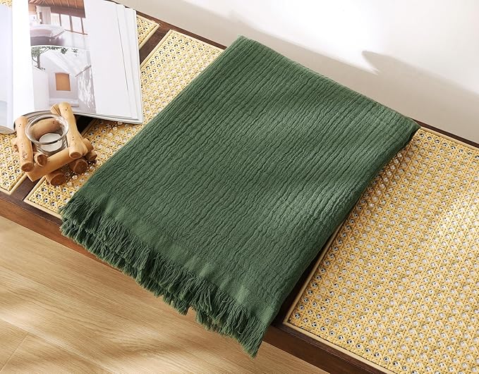100% Cotton Muslin Throw Blanket for Bed, Couch, Small, Decorative, Soft, Pre-Washed, Breathable and Lightweight Gauze Blanket with Tassels, Suitable for All Seasons, Olive Green, 50"x60"