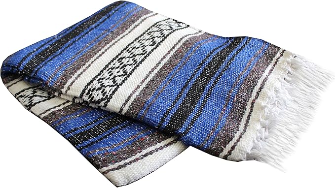 Del Mex Classic Mexican Blanket, Large Authentic Woven Falsa Throw (70"x50"), Artisan Southwest Décor for Beach, Yoga, Outdoors (Blue)