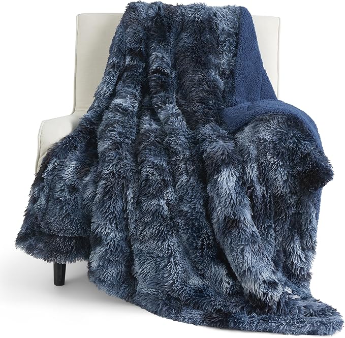 Bedsure GentleSoft Fluffy Navy Blue Throw Blanket, Tie Dye Blue Decor Navy Gifts for Men, Soft Cozy Fuzzy Plush Minky Thick Warm Sherpa Fleece Faux Fur Blanket for Couch, Blanket Gifts for Him, 50x60