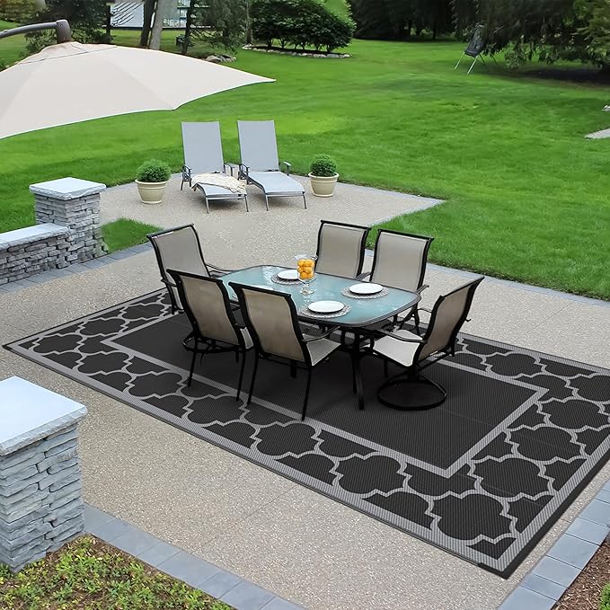 GENIMO 9' x 18' Outdoor Rug Waterproof for Patio, Foldable Reversible Plastic Straw Area Rugs Mat for Rv Decor, Outside Carpet for Camper, Deck, Picnic, Beach, Balcony, Porch, Black & Grey