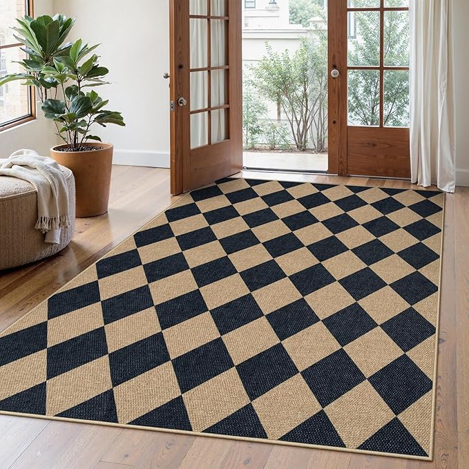Lahome Checkered Easy Jute 5x7 Area Rugs, Washable Outdoor Patio Rug for Living Room Diamond Indoor Outdoor Carpet, Farmhouse Geometric Non Slip Black Carpet for Backyard Dining Room