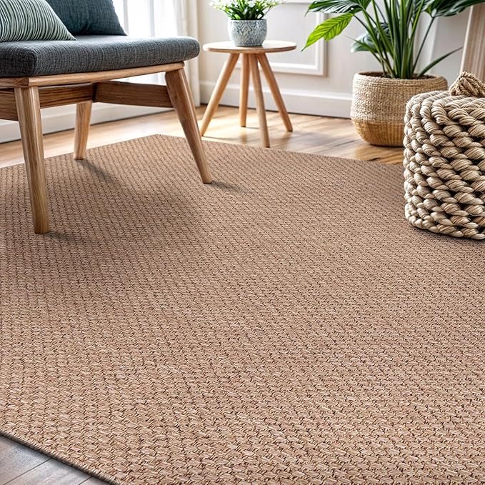 CAMILSON Easy Jute Rug 9x12, Large Indoor Outdoor Natural Color Farmhouse Area Rugs for Living Room Patio and Kitchen Rug, Solid Boho Woven Design, Easy-Cleaning, Washable Outside Carpet (9 x 12)