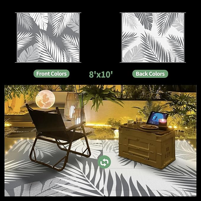 GENIMO Outdoor Rug 8' x 10' Waterproof for Patios Clearance, Reversible Outdoor Plastic Straw Camping Rug Carpet with LED String Light, Area Rugs Mats for RV, Camper, Deck, Balcony, Porch, Grey&White