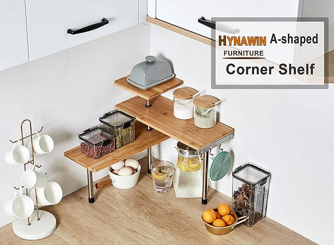 HYNAWIN Corner Shelf, 3 Tier Bamboo & Metal Storage Spice Rack-Desk, Space Saving Bookshelf with Hooks, Adjustable Display Shelf for Creative Home Décor Kitchen, Bedroom, Office (21CO)