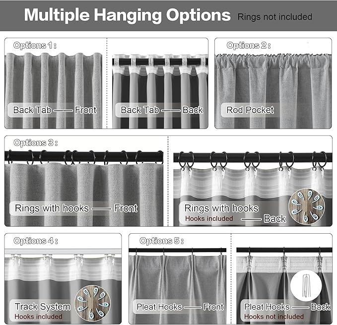 RAIN CITY 104 Inch Long Blackout Curtains 2 Panels Set,70 Inch Wide Back Tab Pleated Curtains with Hooks Track System,Energy Efficinet Linen Blend Drapes for Dining Room Hoom Office 70x104,Grey