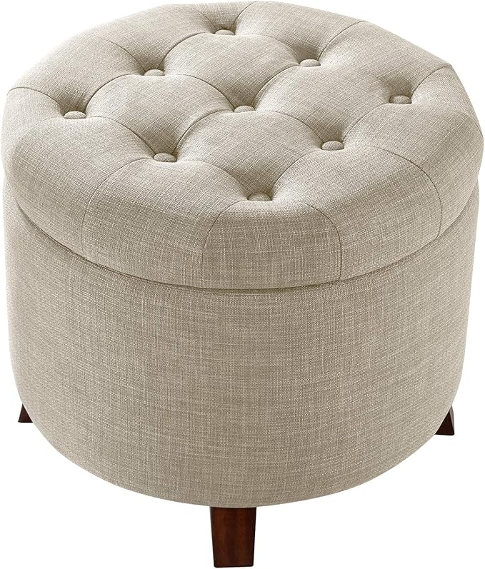Amazon Basics Round Linen Ottoman with Storage, Tufted Upholstered Footstool for Living Room and Bedroom, 20" x 17", Linen Burlap Beige