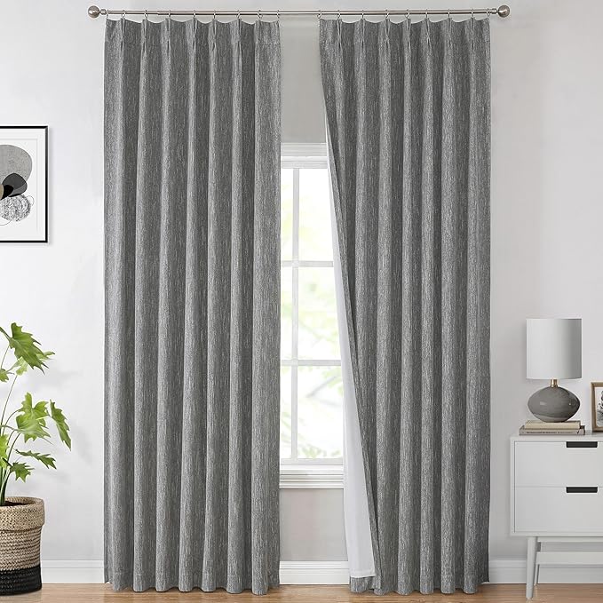 Vision Home Charcoal Grey Full Blackout Curtains Pinch Pleated Room Darkening Window Curtains 63 inch for Living Room Bedroom Thermal Insulated Pinch Pleat Drapes with Hooks Back Tab 2 Panel 40"Wx63"L
