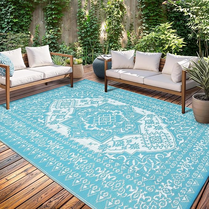 GAOMON Outdoor Rug Waterproof 9x12 Patio Rugs Reversible Plastic Straw Rug, Large UV-Resistant Portable RV Camping Mats, Indoor Outdoor Medallion Carpet for Deck Porch Garden, Light Blue & White