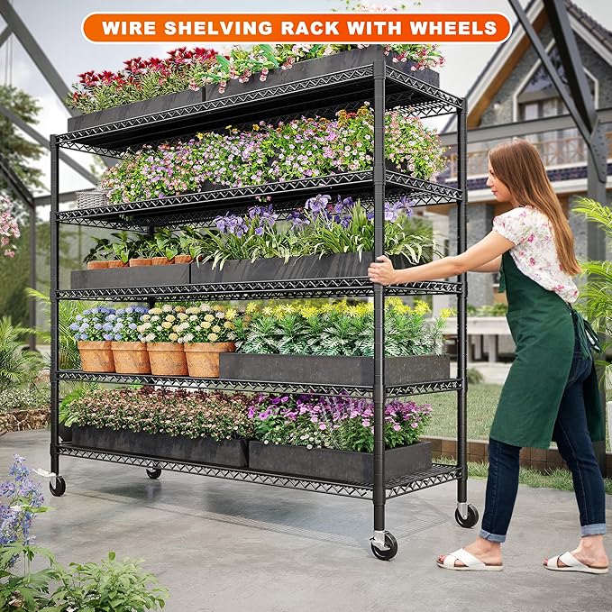 REIBII 85.7"H Storage Shelves 2998LBS Metal Shelving Units with Wheels&Feet, 5 Tier Garage Shelving Heavy Duty Adjustable Wire Shelf for Pantry Garage Commercial Industrials, 85.7"H X 55.5"W X 24.2"D