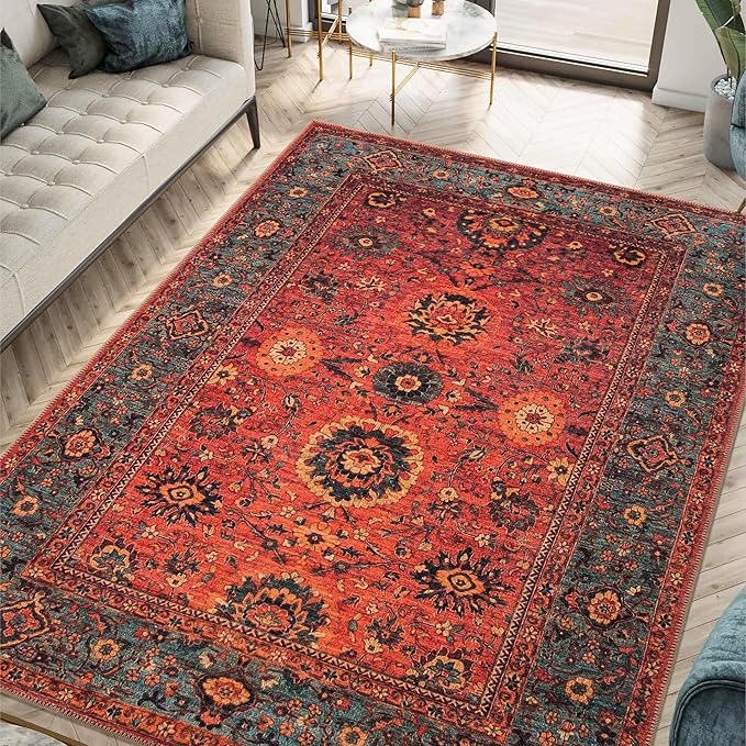 Keen Home Design 6x9 Rug - Machine Washable Area Rug with Non-Slip Backing, Ideal for Living Room, Dining Room, Bedroom - Vintage, Easy Clean, Durable, Low Pile Rug - (6' x 9')