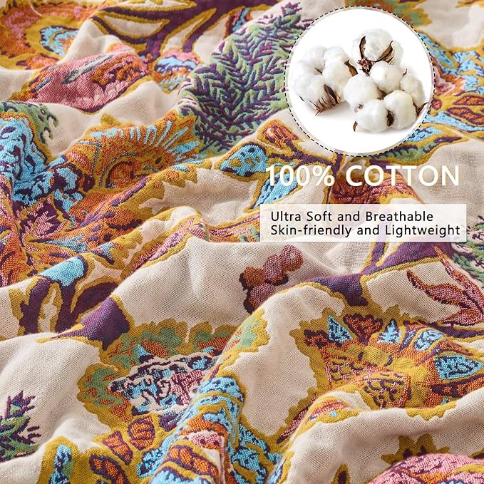 Boho Throw Blanket for Bed, Lightweight Reversible Summer Quilt, Cotton Blanket, Queen Size Boho Floral Bird Colorful Retro Quilt Ultra Soft Reversible Gauze Blanket for All Season, 80"x90"