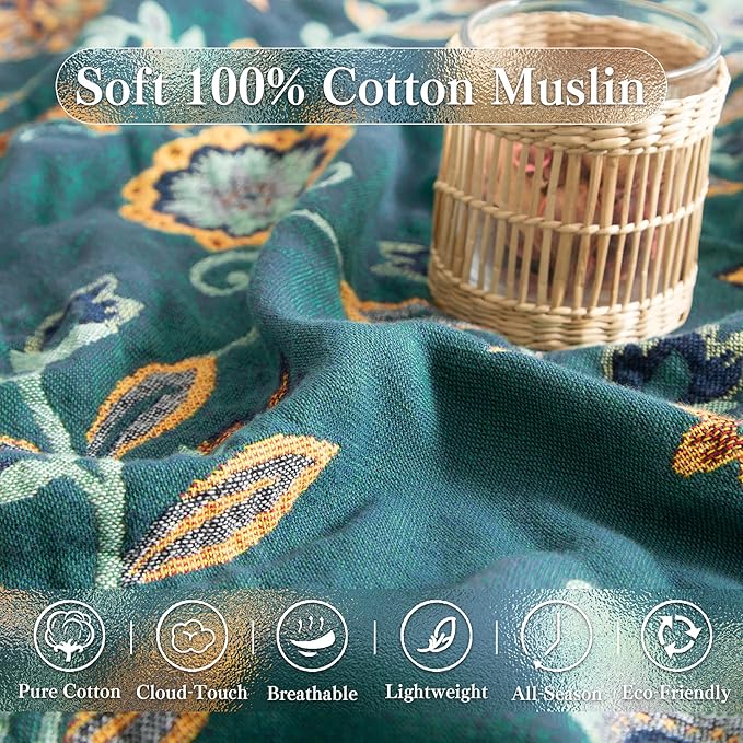 Boho Throw Blanket Twin Size, Soft Cozy Cotton Muslin Quilt Blanket for Bed Decor, Floral Patterned Couch Sofa Chair Cover, Vintage Farmhouse Cottage Tapestry Woven Blanket, Green&Beige