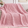 Chunky Knit Throw Blanket, 30''*40'' Knitted Throw Chenille Yarn for Bed Couch, Handmade Light Pink Crochet Big Thick Blanket, Machine Washable Cute Comfy Blanket for Home Decor