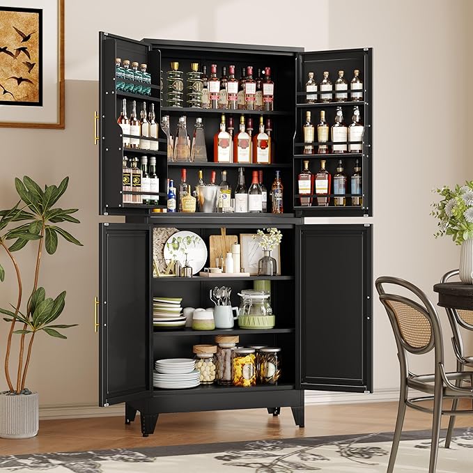 74.8" Tall Metal Food Cabinet, Black Kitchen Pantry Cabinet, Storage Cabinets with 4 Door and 4 Adjustable Shelves, Steel Freestanding Cupboard for Kitchen Dining Room Living Room Bathroom