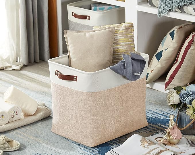 DECOMOMO Extra Large Storage Baskets 54.5L Fabric Storage Bins for Organizing Linen Closet, Toys, Nursery (Beige and White, XXXL - 3 pack)