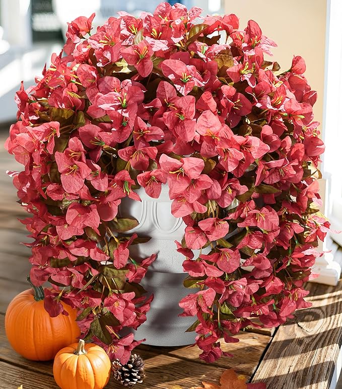 Bougainvillea Artificial Flowers Plants for Outdoors Outside Fall Autumn Decoration, 2 pcs Faux Silk Long Trailing Vines UV Resistant Look Real Red Fake Flowers for Front Door Porch Planter Urn Patio